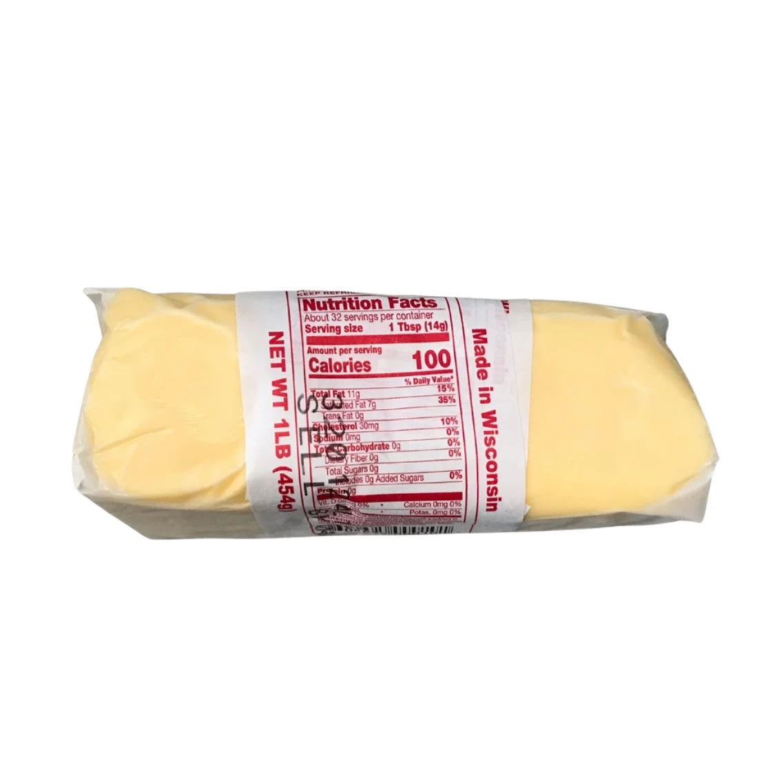 A 1 lb package of Wisconsin Sharp Cheddar Cheese, with a white paper label displaying nutritional facts and 'Made in Wisconsin'.