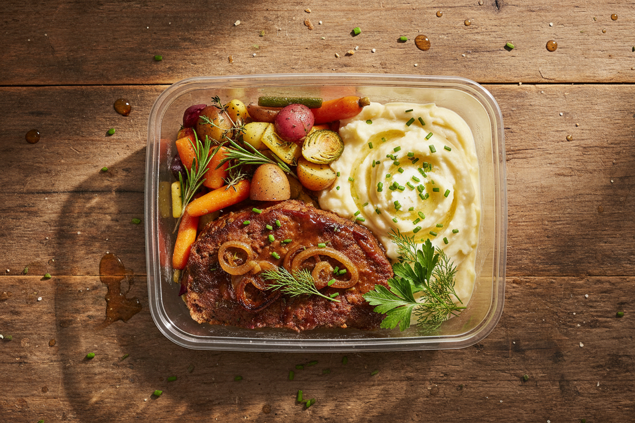 Prepared meatloaf with main , vegetables, and mashed potatoes in a clear container on a wooden surface