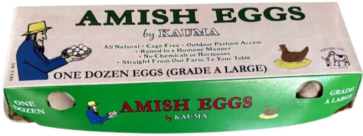 A cardboard carton of Amish Eggs by Kaumia, featuring a cream-colored top half with green text and illustrations, and a bright green bottom half with red text.