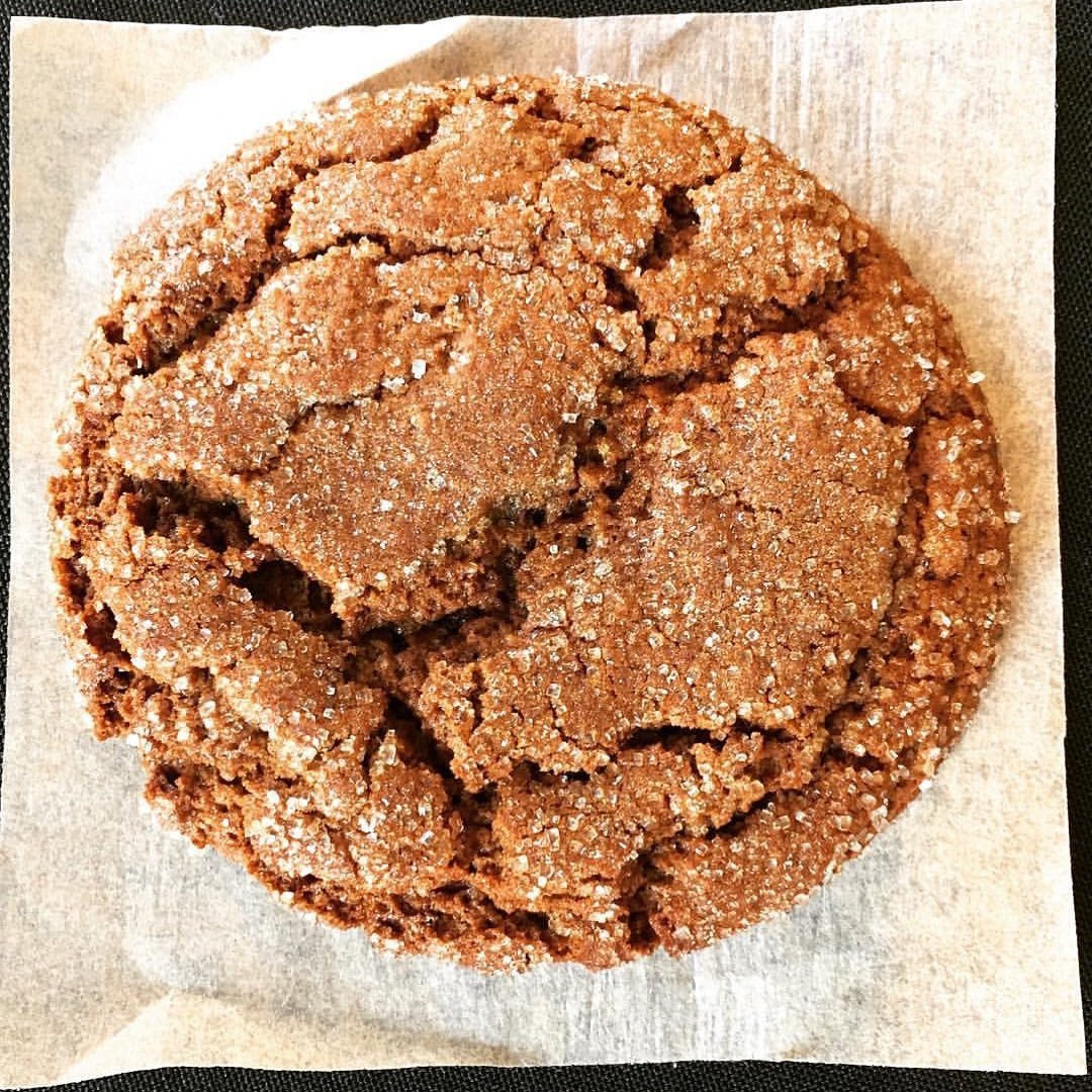 A brown molasses spice cookie with a dusting of white sugar on top, placed on a white surface.