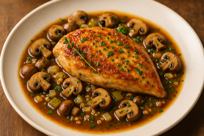 Chicken Marsala with the ingredients displayed in the image: Seared, skin on chicken breast, Mushrooms (Cremini), onions, celery, garlic, fresh thyme & Parsley on a plate with sauce