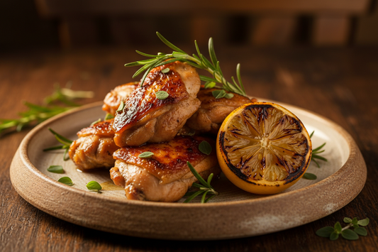 Greek chicken thighs on a rustic ceramic plate with a halved grilled lemon and rosemary sprigs, set on a dark wooden table.